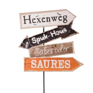 Dekorativer Halloween Gartenstecker aus Metall, 42 cm. Vier Schilder zeigen zu Hexenweg, Spuk-Haus, Süßes oder Saures.