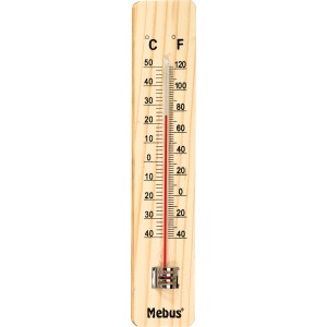 Mebus Zimmerthermometer aus Holz mit roter Flüssigkeit zur Temperaturanzeige.