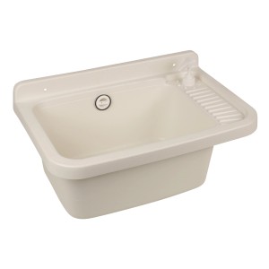 Sanitop-Wingenroth Ausgussbecken, 50 cm, Kunststoff, weiß, mit Seifenspender und Ablage.