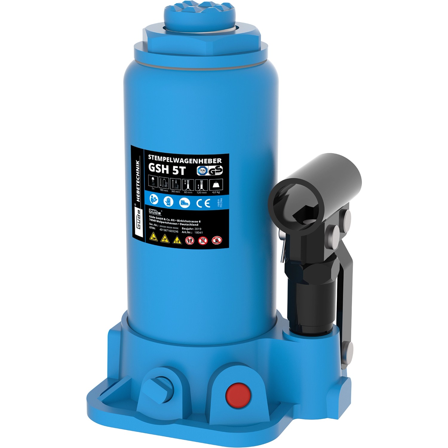 Blauer Güde Stempelwagenheber GSH 5T für Wartung und Reparatur.