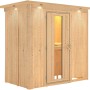 Karibu Sauna Vera mit LED-Dachkranz aus Naturholz, Fronteinstieg und Glastür.