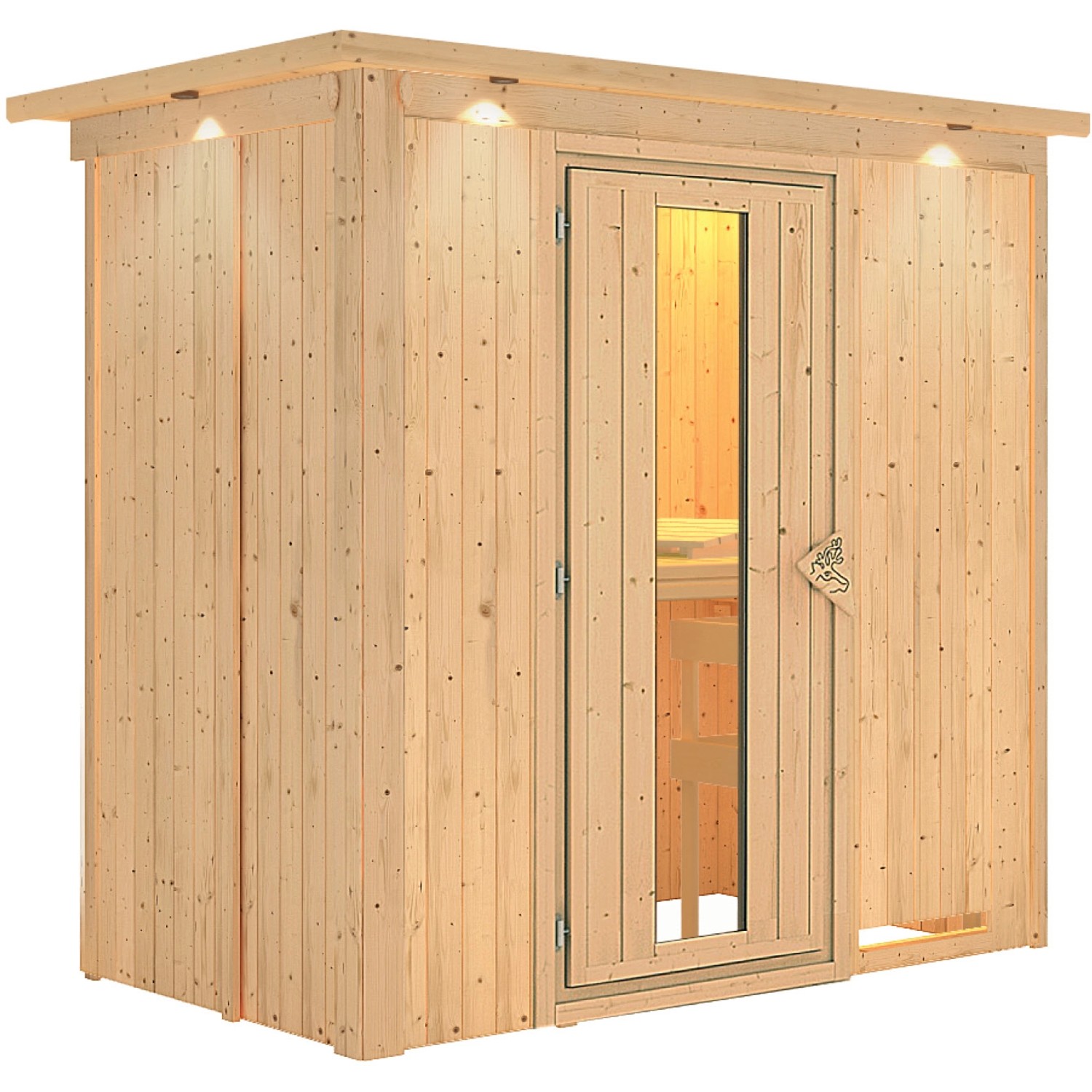 Karibu Sauna Vera mit LED-Dachkranz aus Naturholz, Fronteinstieg und Glastür.