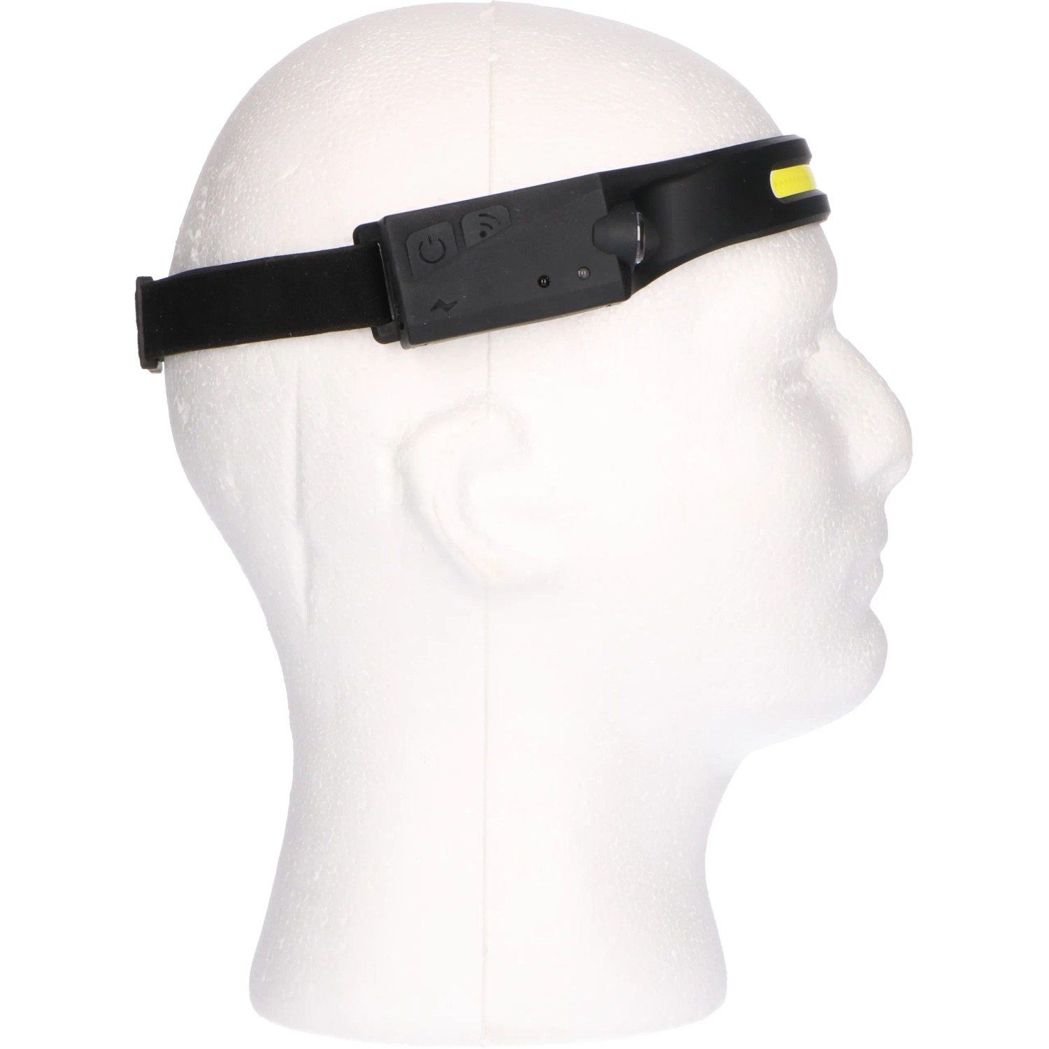 LED Akku-Stirnlampe mit Gestensteuerung, 300lm, 7000K, IPX4, dimmbar auf Styroporkopf.