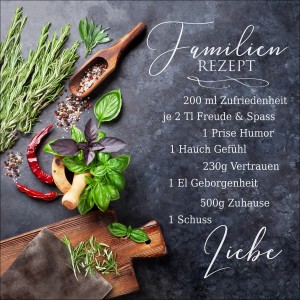 Glasbild Kochkreation III, 50x50 cm: Zutaten für ein Familienrezept mit Kräutern und Gewürzen.