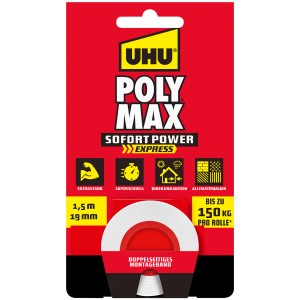 UHU Montageband Poly Max, 1,5m, weiß, doppelseitig, für extra starke und schnelle Befestigung.