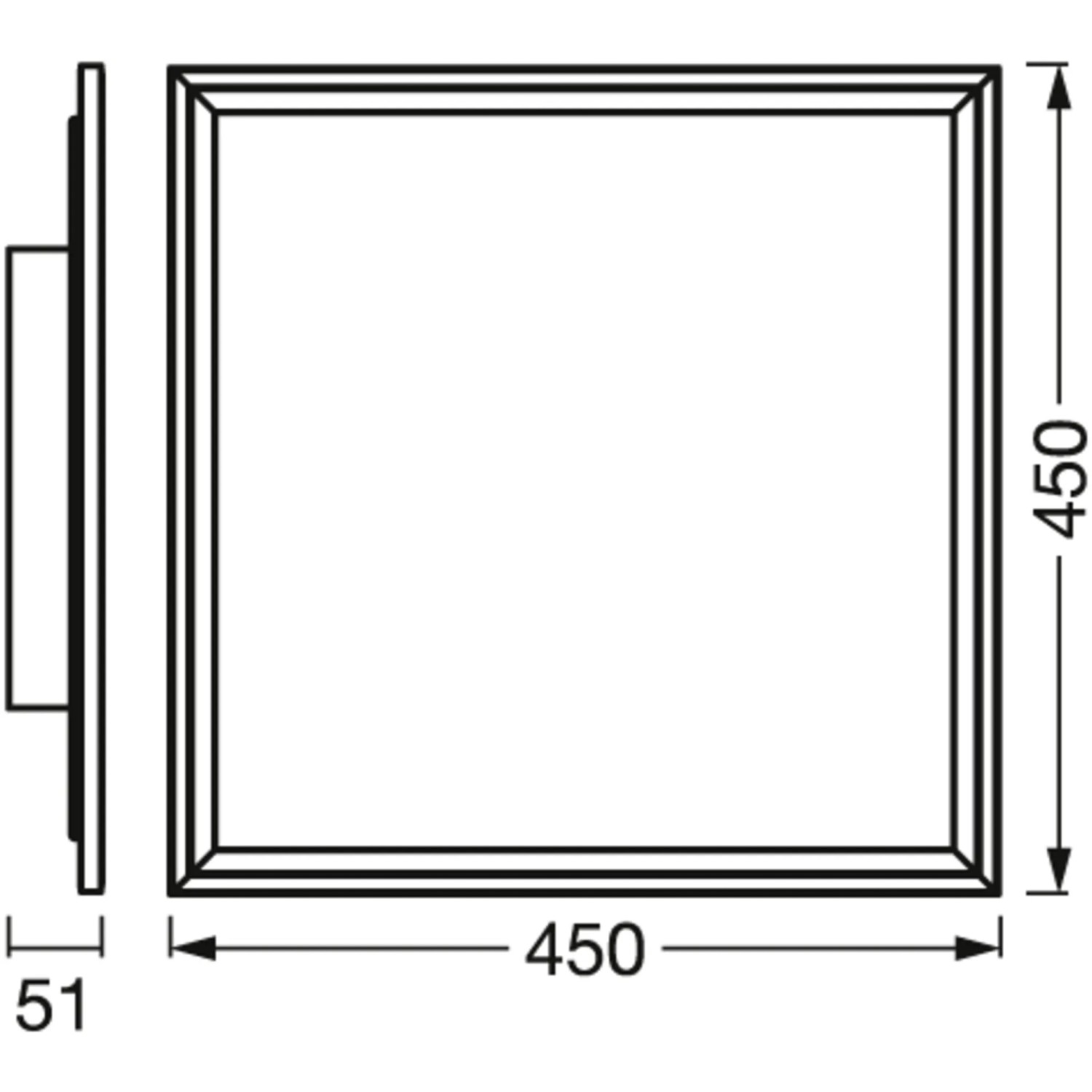 Technische Zeichnung der Ledvance Smart+ WiFi Panelleuchte Planon Plus RGBTW 45x45 cm mit Maßangaben.
