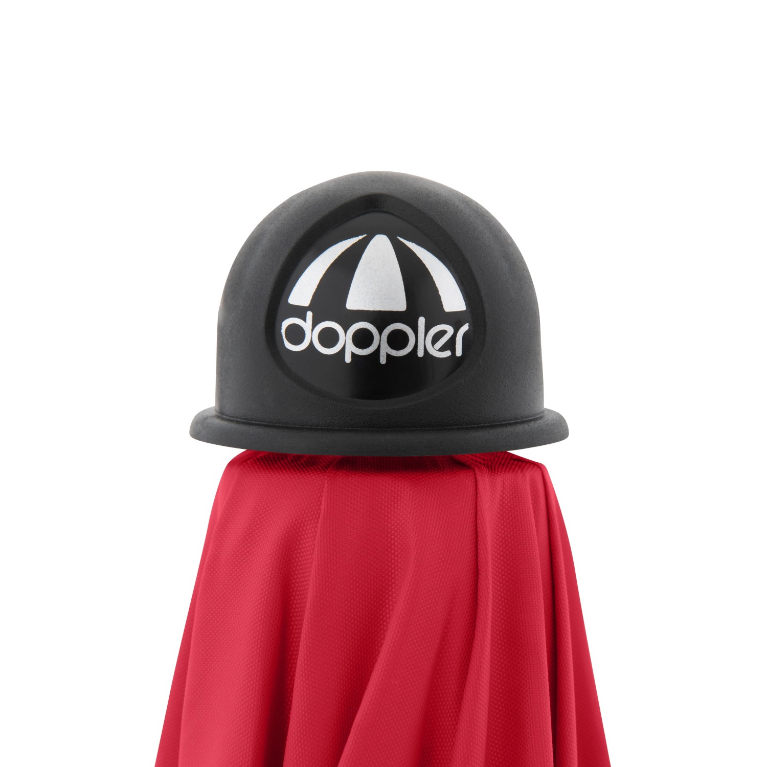 Detailaufnahme: Schwarze Spitze des roten Doppler Strandschirm Windprofi Neo 200.