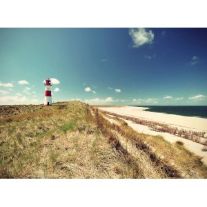 Fototapete Leuchtturm Strand Rot Weiß Grün 3,50 m x 2,55 m FSC®