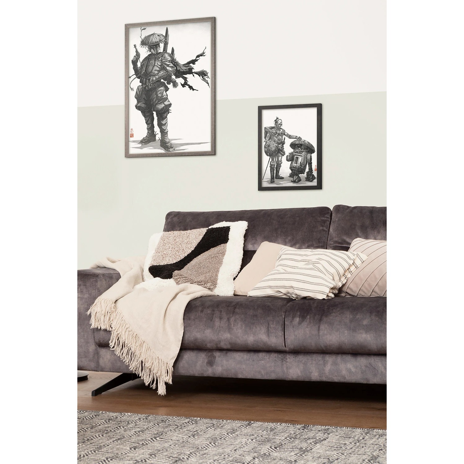 Komar Wandbild Star Wars Samurai Droids, 50x70 cm, schwarz-weiß im Wohnzimmer.