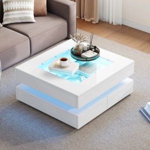 okwish Couchtisch mit LED Glasplatte Schubladen 70x70x35cm Hochglanz Weiß
