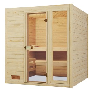 Weka Massivholzsauna Valida mit Glastür und Fenster, 9 kW Ofen, Saunaleuchtenset.