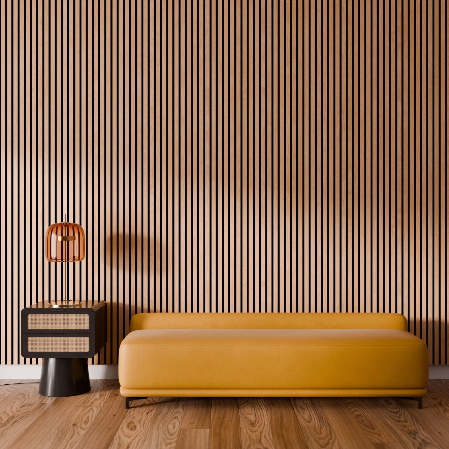 Akustikpaneel Eiche geölt, schwarzer Filz, 60x270 cm, an Wand hinter Sofa und Tisch