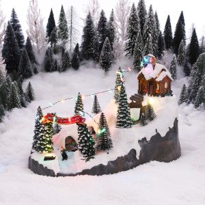 Beleuchtete Berglandschaft mit Skifahrern, Haus und Tannenbäumen, batteriebetrieben, Weihnachtsdekoration.