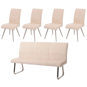 MCW Essgruppe: 4 Stühle, Sitzbank 180cm, Chenille Creme, Edelstahlgestell