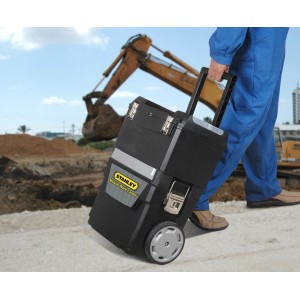 Schwarze, rollende Stanley Werkstatt 1-93-968 mit Teleskopgriff und großem Rad.