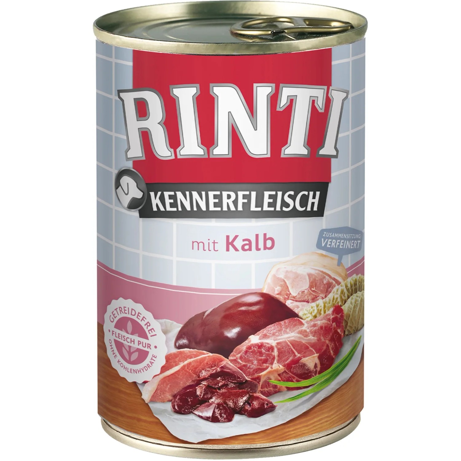 Rinti Kennerfleisch Kalb, 400g Dose Hunde-Nassfutter mit hohem Fleischanteil.