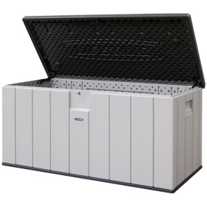 Geöffnete Lifetime Gartenbox (Sand) 151x72x69cm. Universalbox zur Aufbewahrung, auch als Sitzbank nutzbar.