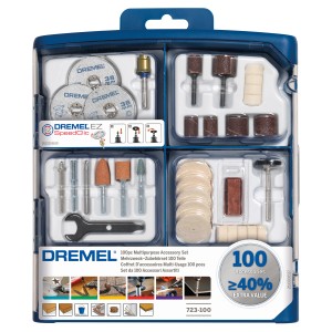 Dremel Zubehörset 723 mit 100 Teilen für Miniaturwerkzeuge im blauen Tragekoffer.