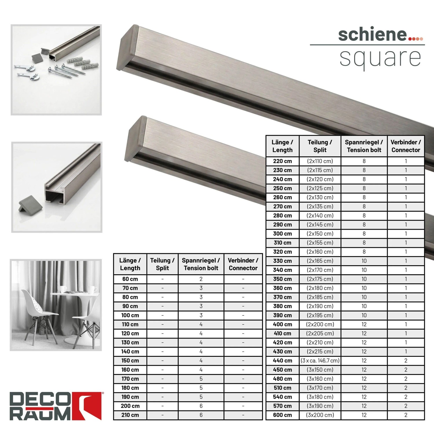 Deco-Raum Gardinenschiene Square 1-lauf, Edelstahl-Optik, 400cm, mit Befestigung. Für stilvolle Gardinen.