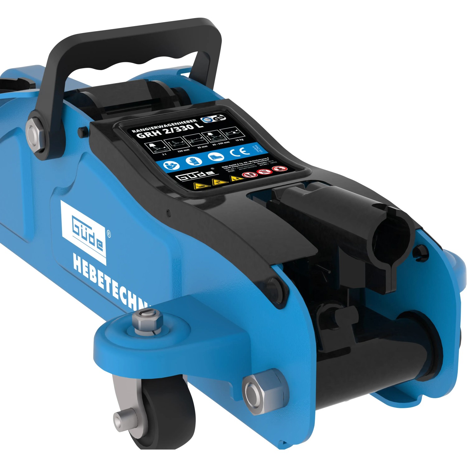 Blauer Güde Rangierwagenheber GRH 2/330 L mit 2 t Hubkraft und Tragegriff.