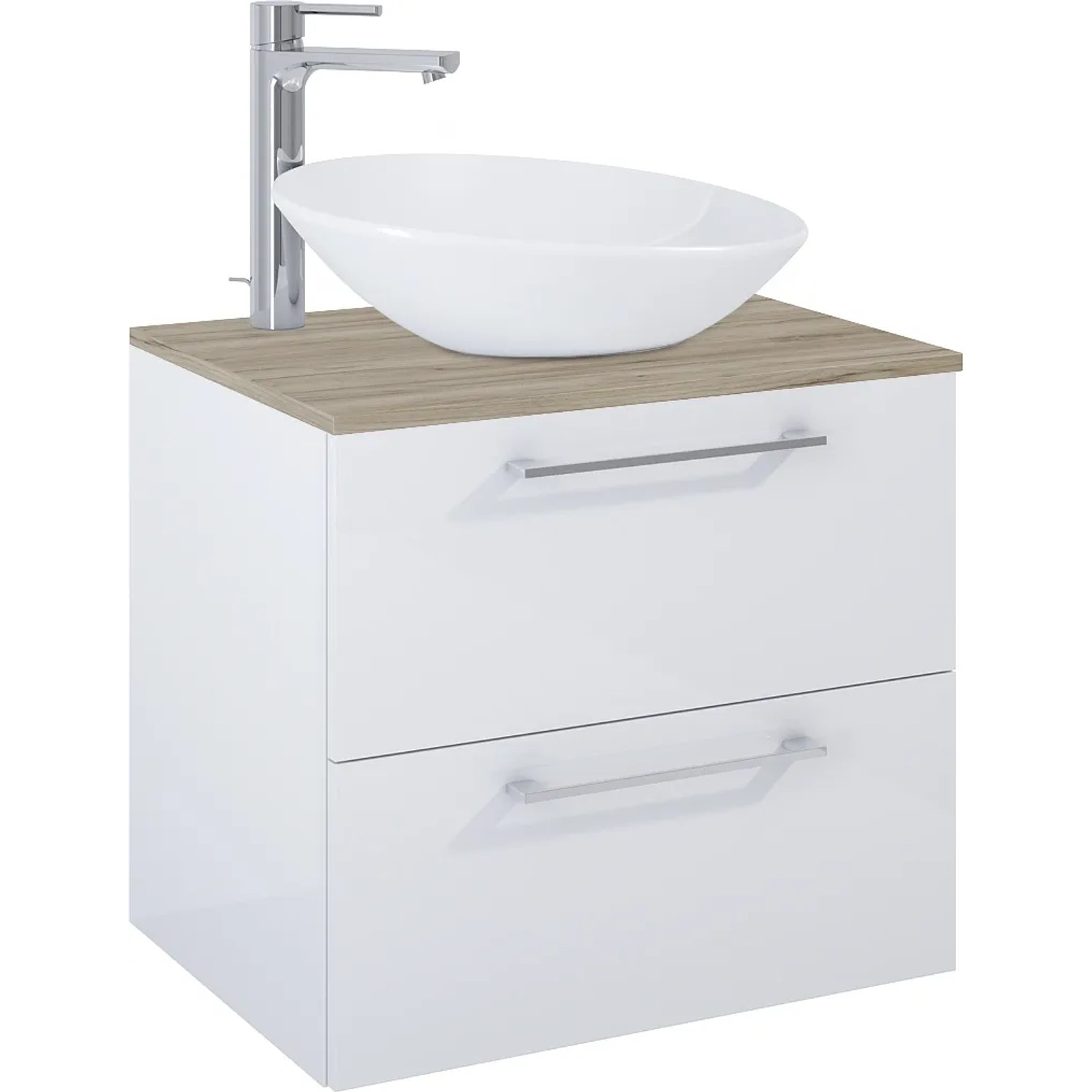 Maximus Waschbeckenunterschrank Stylo, weiß hochglanz, 60 cm mit Aufsatzwaschbecken und Armatur.