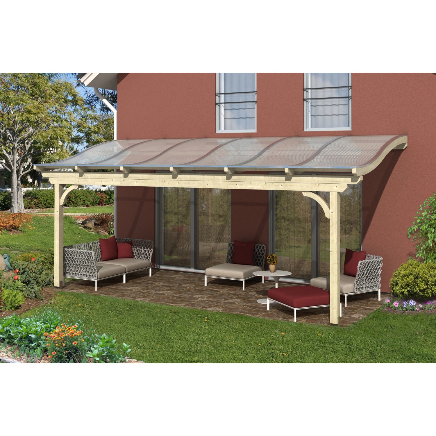 Skan Holz Terrassenüberdachung Verona, 648x289 cm, Leimholz Natur mit Doppelstegplatten.