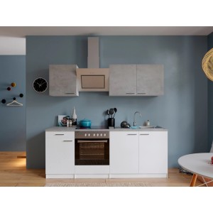 Respekta Economy Küchenzeile KB210WWBSC, 210 cm, Weiß und Beton Optik mit E-Geräten.