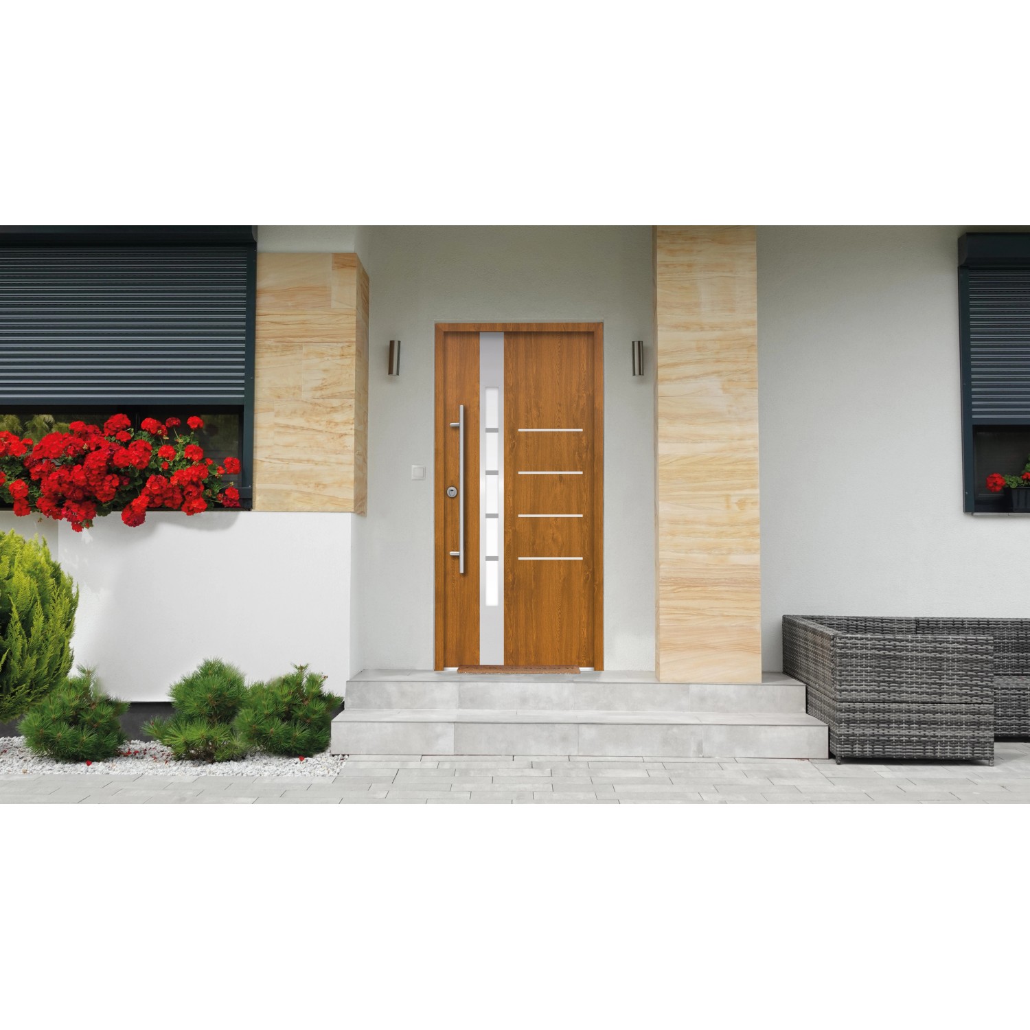 Splendoor Sicherheits-Haustür Berlin Prime RC2K Gold.Oak, 100x210cm, links. Wärmegedämmte Haustür mit Glasausschnitt.