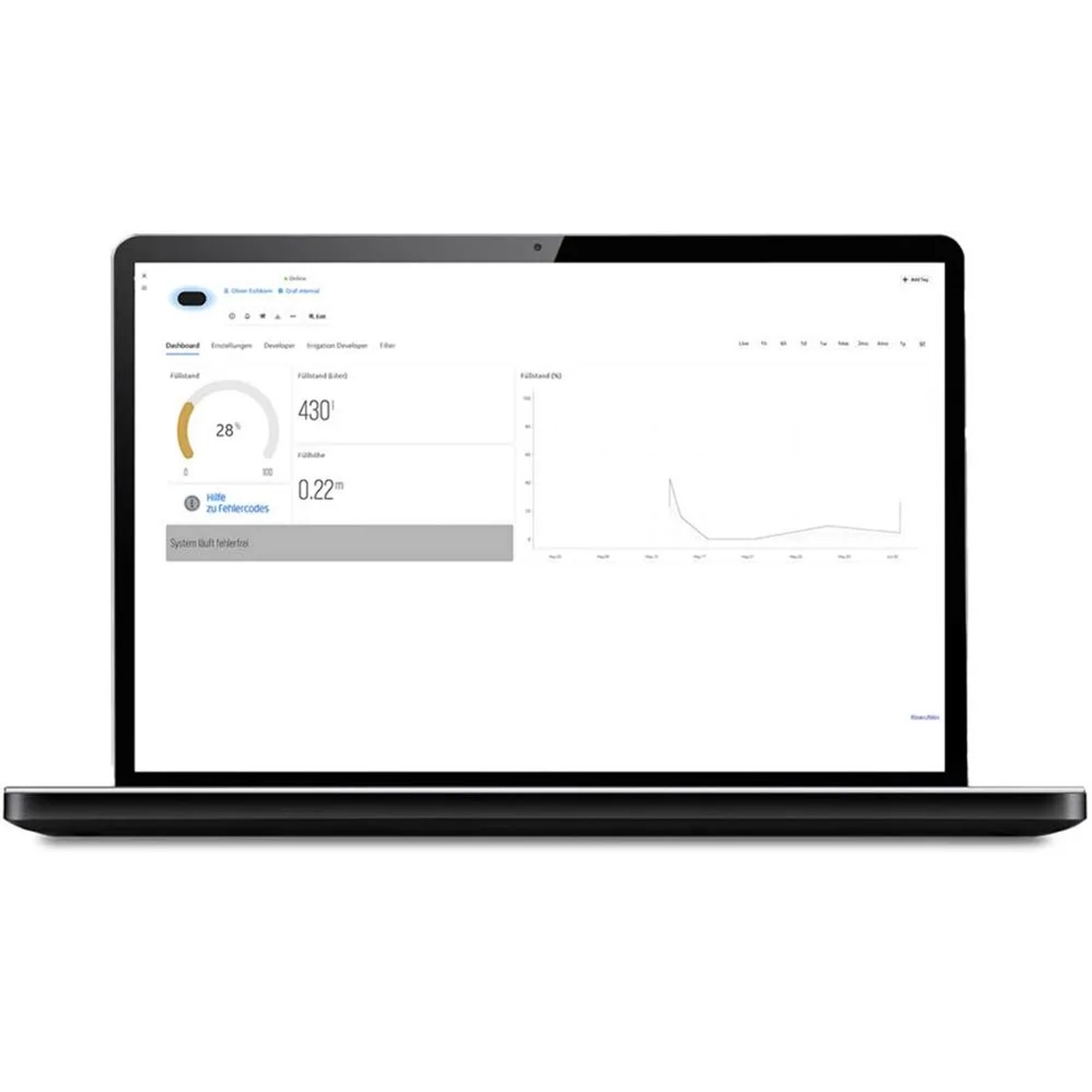 Laptop zeigt die BlueLevel R Füllstandsanzeige für Garantia Erdtanks per App.