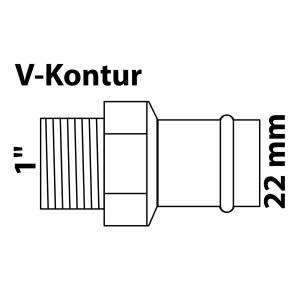 Abbildung eines RG-Übergangsnippels 22 mm x 33,3 mm (1 AG) von Kirchhoff, Muffe blank, für Pressfittings.
