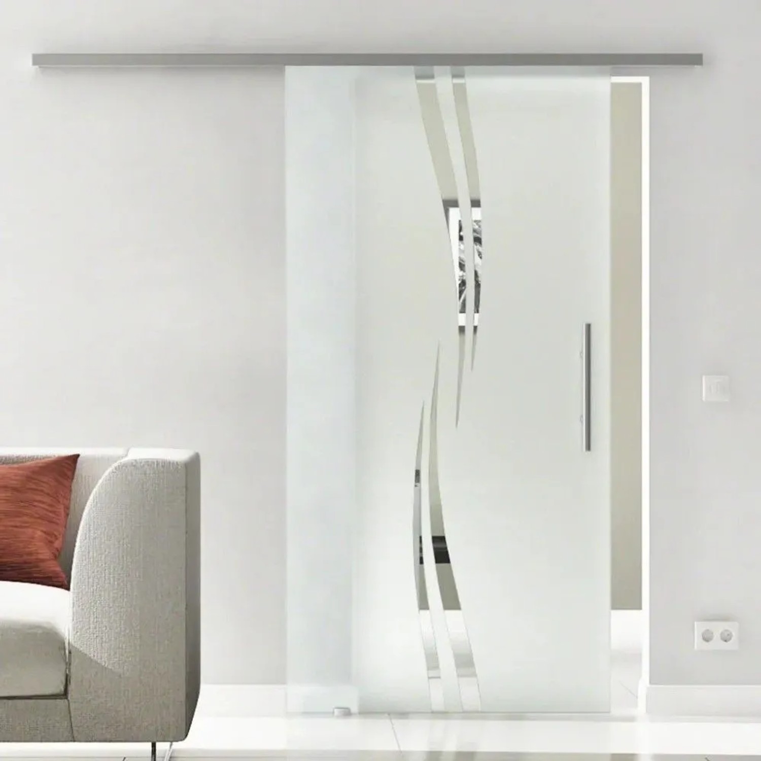 Levidor Glasschiebetür Augsburg mit teilsatiniertem Glas, Edelstahl Stangengriff und SoftClose im modernen Raum.