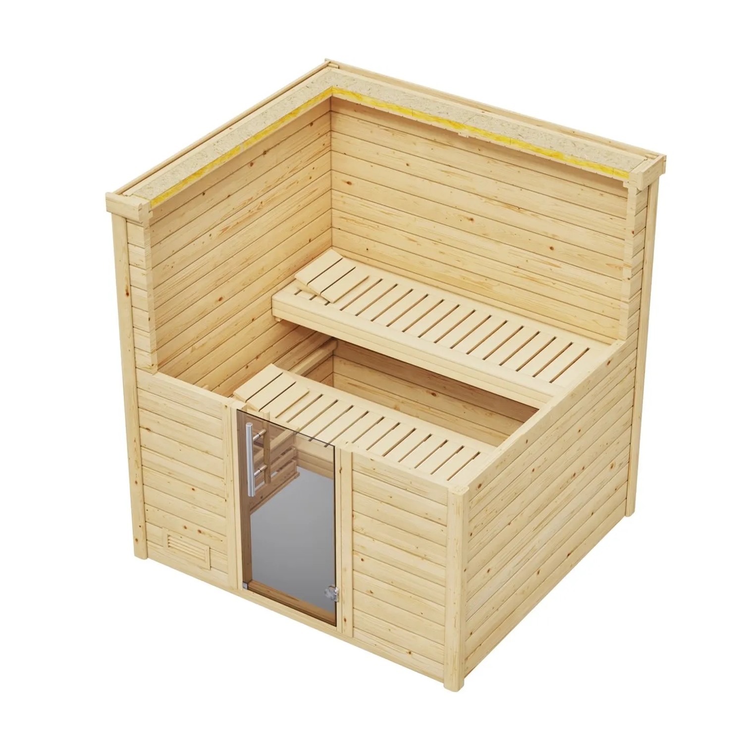 Weka Massivholzsauna Bergen mit Glastür, Fichtenholz, 7,5 kW Ofen, Sparset. Innenansicht mit Bänken.