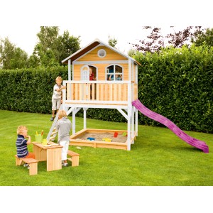 Axi Marc Spielhaus Braun - Weiß mit Lila Rutsche 212 x 432 x 293 cm