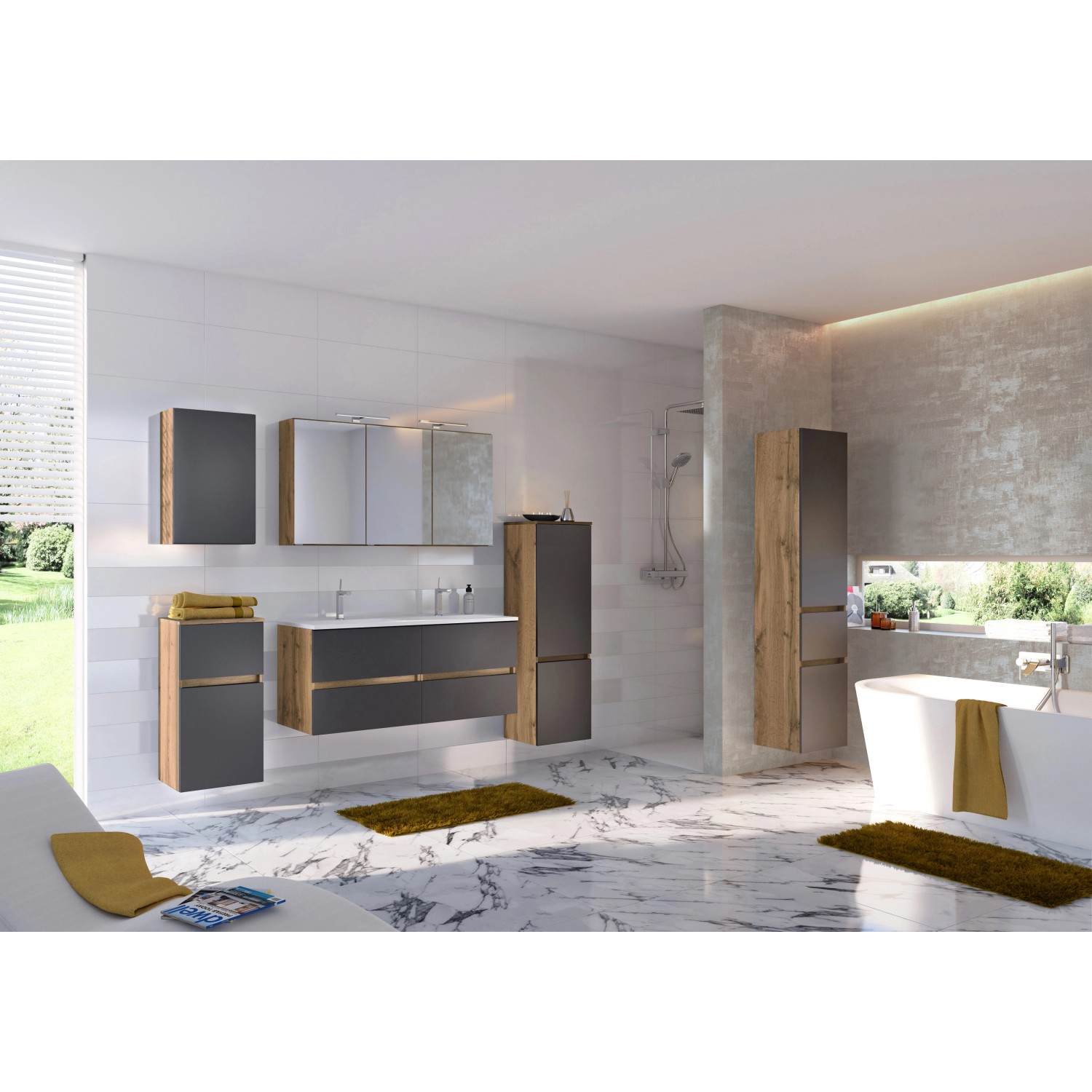 Modernes Badezimmer mit Held Möbel Doppelwaschtisch Bari 120 cm in Grau Matt und passenden Badmöbeln.