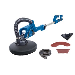 Scheppach DS930 Wand- und Deckenschleifer mit Zubehör wie Schleifscheiben und Absaugschlauch.