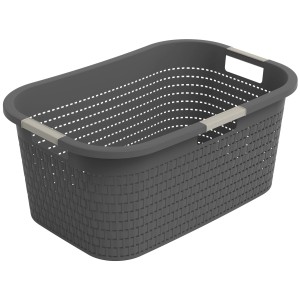 Anthrazitfarbener Rotho Wäschekorb Country (40 l) mit Rattanstruktur und Tragegriffen.