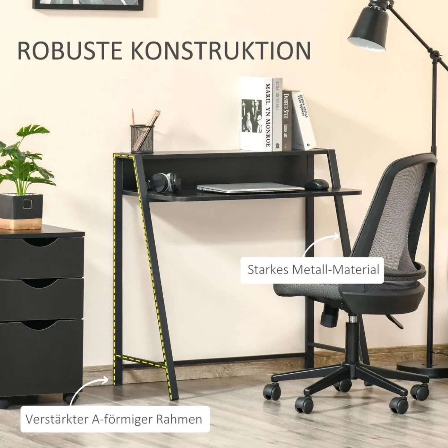 Schwarzer HOMCOM Schreibtisch aus Metall mit Ablagefach und Kabeldurchlass. Robuster A-Rahmen, minimalistisch.