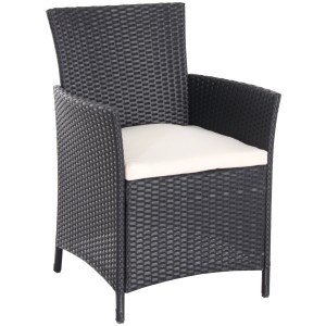 Schwarzer Polyrattan Sessel mit beigem Sitzkissen aus dem Gartenmöbel-Set Canera.
