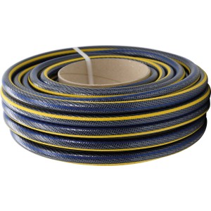 Aufgerollter LUX-TOOLS PRO Gartenschlauch, 13 mm (1/2 Zoll), blau mit gelben Streifen.
