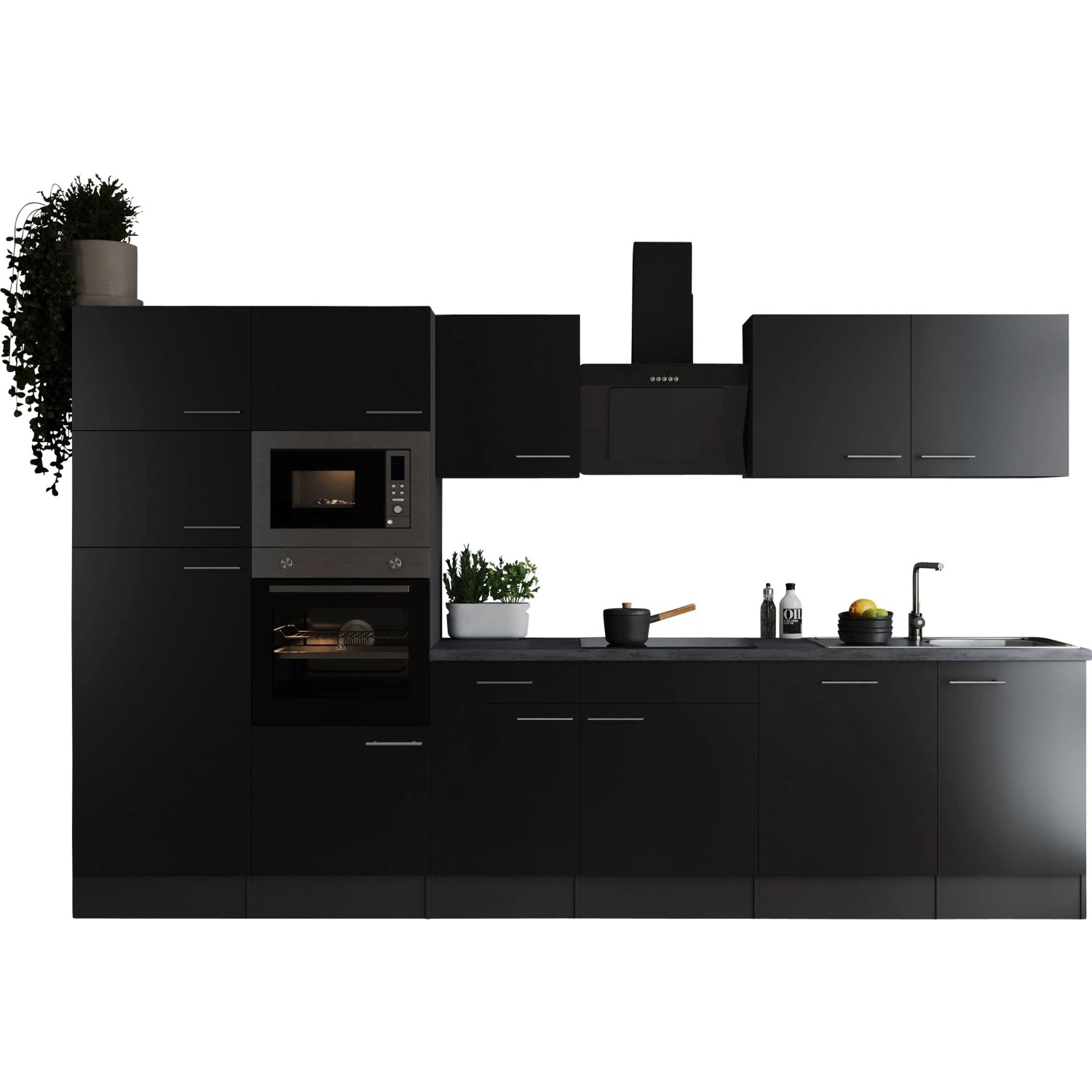 Respekta Küchenzeile Oliver 340 cm in Schwarz mit E-Geräten und Spüle.