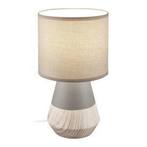 Brilo Tischleuchte Linda, grau/Holzoptik, mit Stoffschirm. Dekorative Lampe für Wohn- und Schlafzimmer.