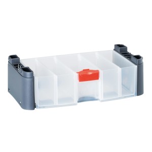 LUX Schubfach für Kleinteile-Tower, transparent mit rotem Griff. Aufbewahrungssystem.