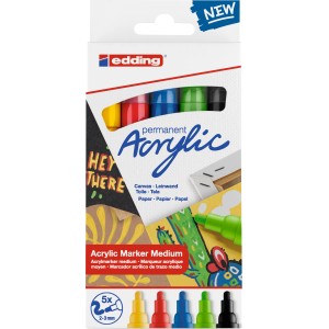 Edding 5100 Acrylmarker 5er-Set Basic mit Schwarz, Rot, Blau, Gelb und Grün. Für Leinwand, Holz und Stein.