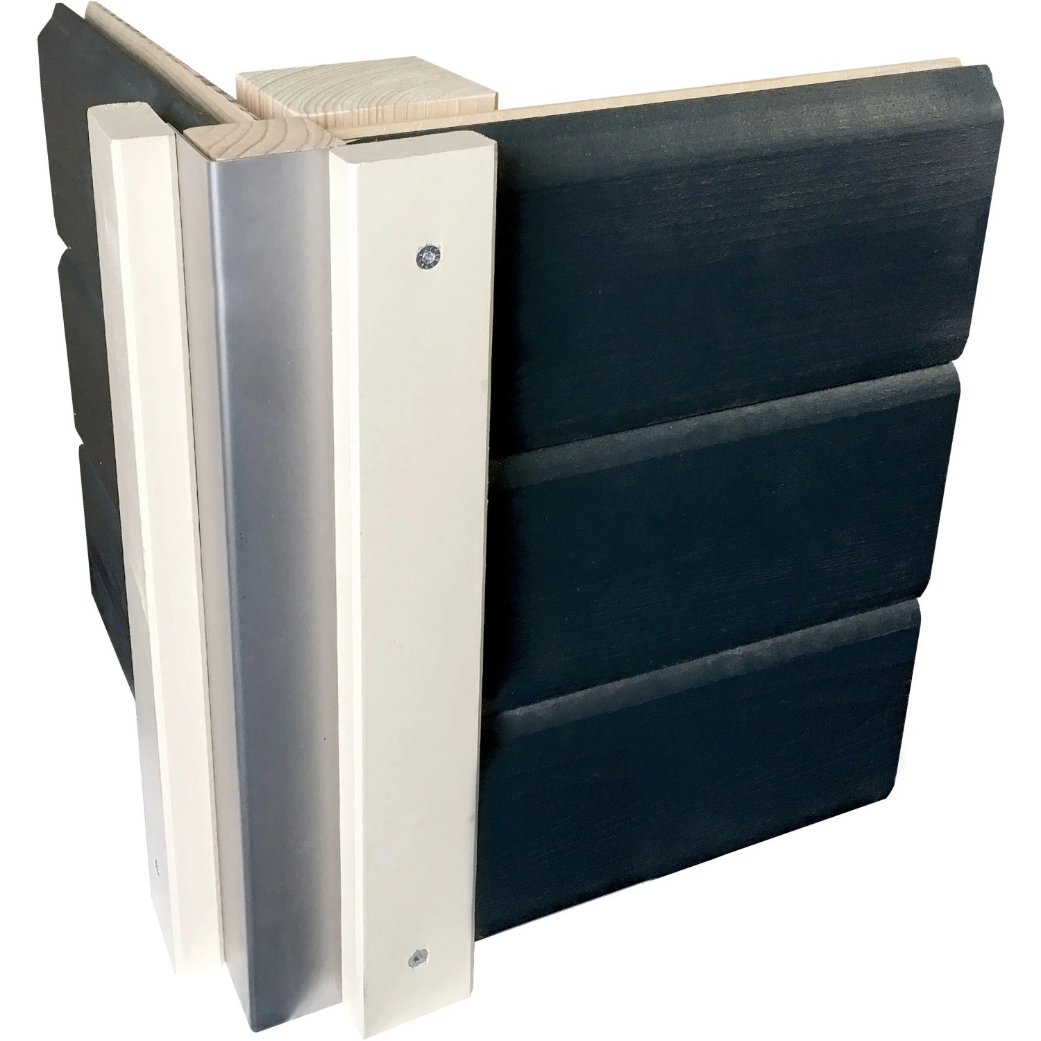 Detailansicht Karibu Gartenhaus Norrköping, terragrau, lackiert, Pultdach. Holzstruktur und Eckdetails sichtbar.