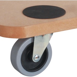 Detailaufnahme Transportbrett aus MDF mit Rolle und Schutzpolster, max. 200 kg Tragkraft.