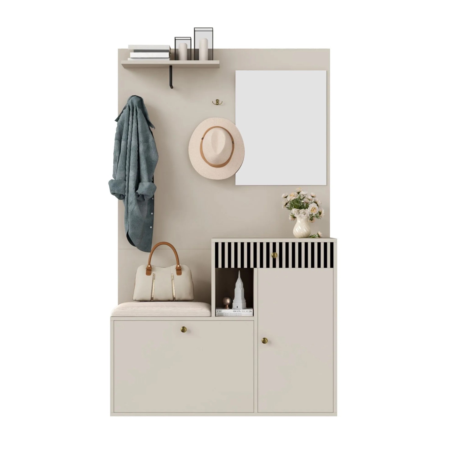 okwish Garderoben Set mit Spiegel Polsterkissen Flur 110x37x185cm Beige_9