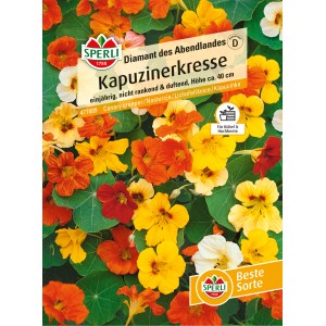 Samenpackung Kapuzinerkresse 'Diamant des Abendlandes' mit bunten, essbaren Blüten in Gelb, Orange und Rot.