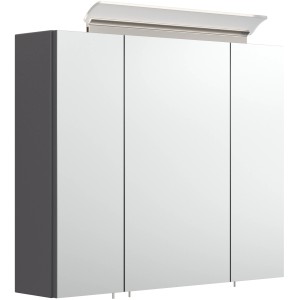 Posseik Spiegelschrank, 75 cm breit, anthrazitfarben mit drei Softclose-Türen und Aufsatzleuchte.