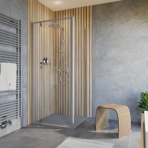 Schulte ExpressPlus Drehtür mit Seitenwand, Alu-Natur, 90x200 cm, in modernem Bad.