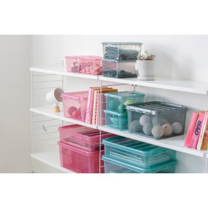 Verschiedenfarbige SmartStore Aufbewahrungsboxen (Aquamarin, Pink, Grau) im Regal.
